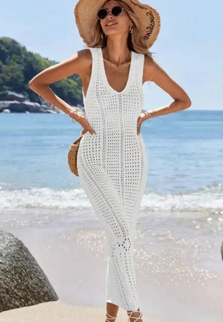 Boho Crochet Beach Tunic - Hollow Out V-Neck Cover Up Dress