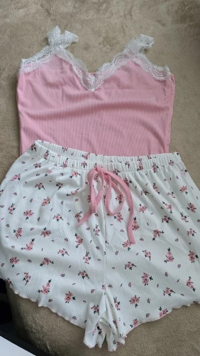 Pink Lace V-Neck Pajama Set: Soft Cami & Shorts Duo photo review