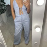 Trendy Striped Lace-Up Cami & Wide Leg Pants Set for Women photo review