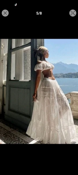 Women's White A-Line Skirt Set - Slash Neck Beach Comfort photo review