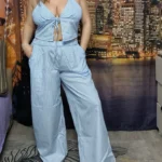 Trendy Striped Lace-Up Cami & Wide Leg Pants Set for Women photo review