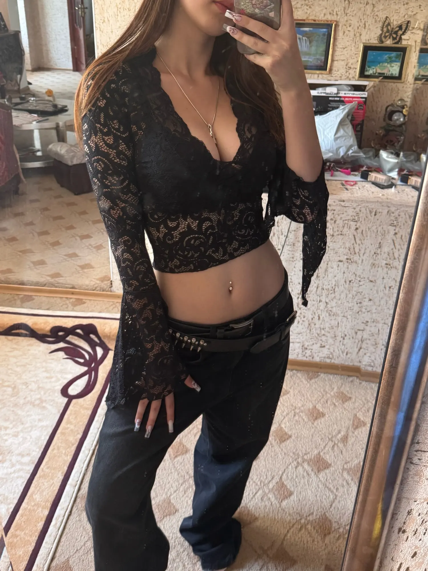 Lace-Trimmed V-Neck Crop Top with Flare Sleeves for Events photo review