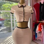 Sisterlinda Summer Ribbed Two-Piece Set with Striped Button Top and Hip Skirt photo review