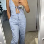 Trendy Striped Lace-Up Cami & Wide Leg Pants Set for Women photo review