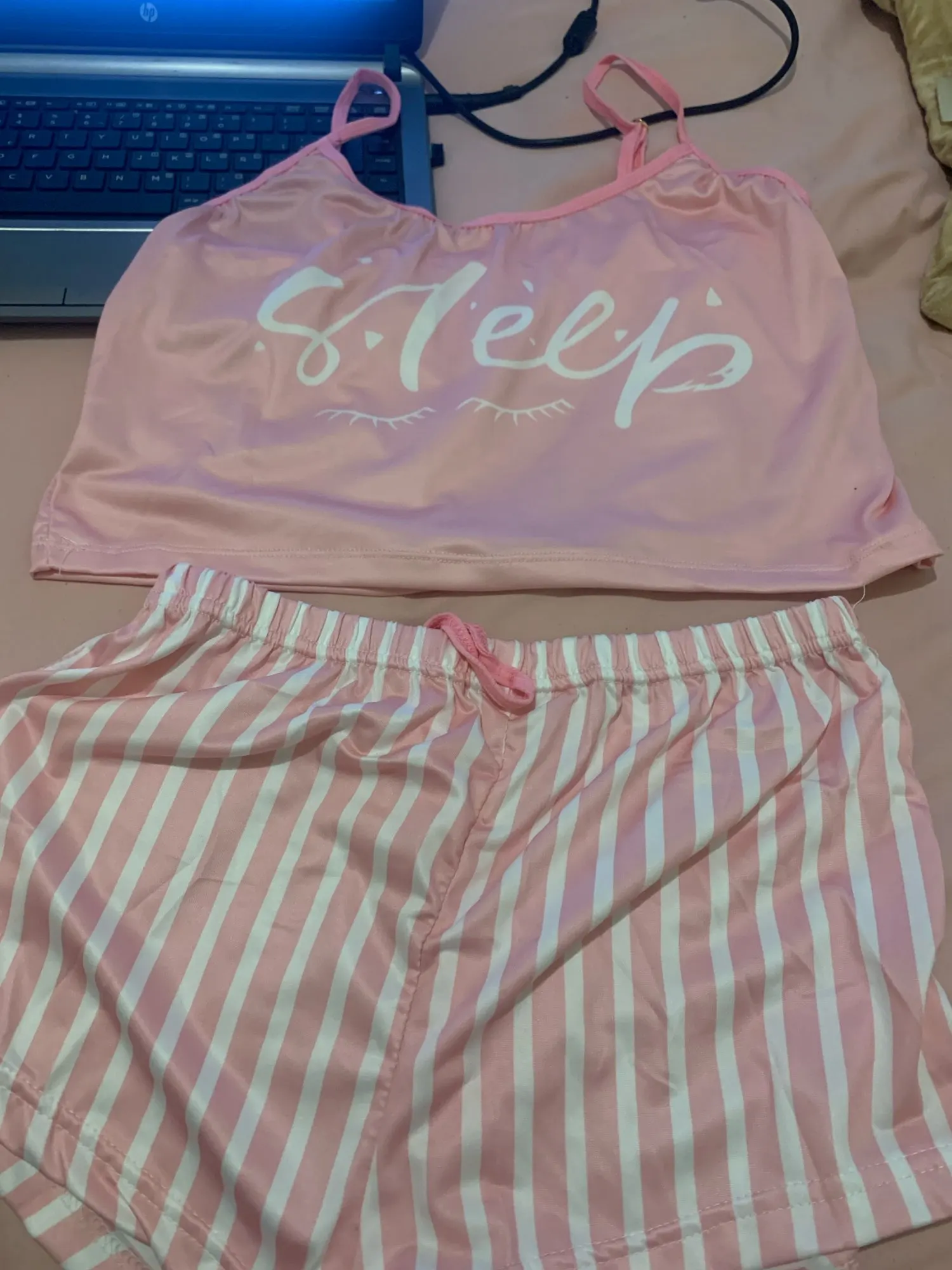Pink Polyester Summer Pajama Set with Spaghetti Straps photo review