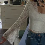 Lace-Trimmed V-Neck Crop Top with Flare Sleeves for Events photo review