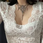 Lace-Trimmed V-Neck Crop Top with Flare Sleeves for Events photo review