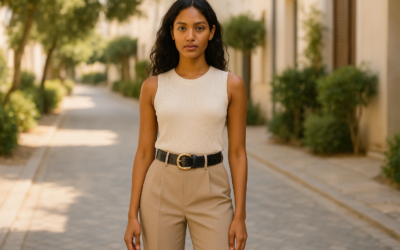 A stylish model wearing a soft leather exclusive belt over a flowing dress in a sunlit urban street