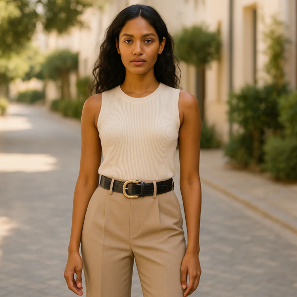 A stylish model wearing a soft leather exclusive belt over a flowing dress in a sunlit urban street