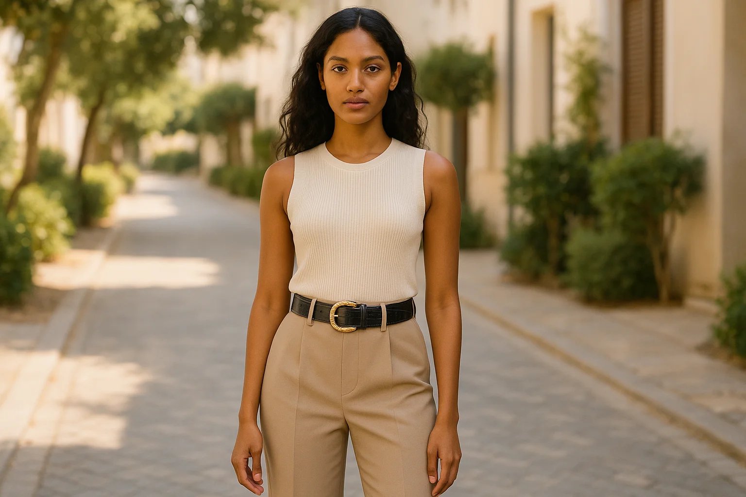 A stylish model wearing a soft leather exclusive belt over a flowing dress in a sunlit urban street