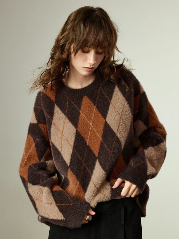 TOYOUTH Women's Sweater Winter New Loose Crew Neck Amber Streamer Nordic Style Argyle Mink like Top