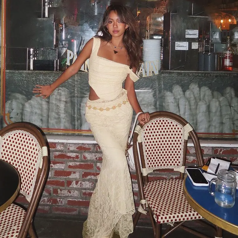 Elegant Women's Lace-Up Maxi Skirt Set Wedding Guest photo review