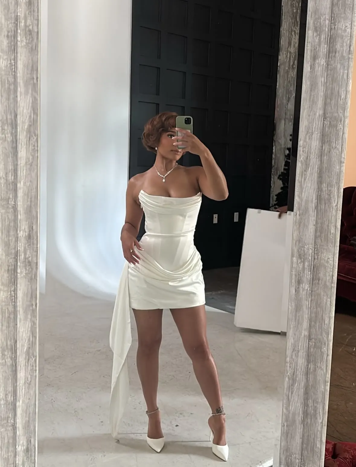 Luxurious Satin Corset Dress Strapless Asymmetrical Scarf photo review