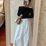 Embroidered Floral Midi Skirt High Waist A-Line Summer Vacation photo review