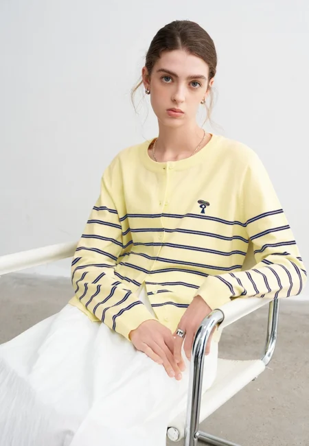 TOYOUTH Women Knits 2026 Spring New Rabbit Fur Like Core Spun Yarn Crew Neck Striped Figure Flattering Fun Embroidered Tops