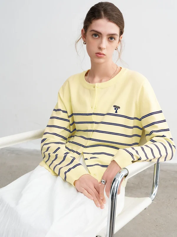 TOYOUTH Women Knits 2026 Spring New Rabbit Fur Like Core Spun Yarn Crew Neck Striped Figure Flattering Fun Embroidered Tops