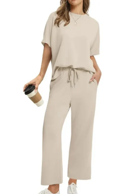 Ladies' suit short sleeved top casual seven eighths trousers wide leg pants new summer women's