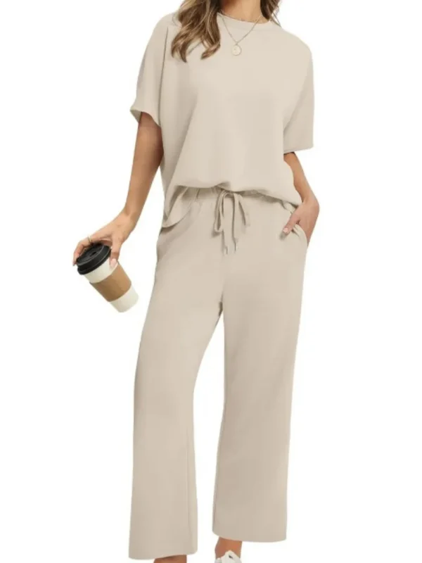 Ladies' suit short sleeved top casual seven eighths trousers wide leg pants new summer women's