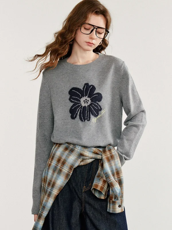 TOYOUTH Women Knitted Sweater Autumn New Countryside Style Flower Jacquard Long Sleeve Round Neck Pullover Tops