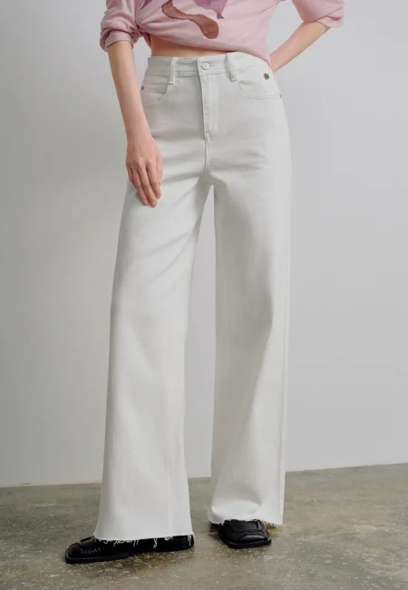 TOYOUTH Women Jeans 2026 Spring New Black Label Lycra Stretchy White Frayed Cuff Loose Wide Leg Pants