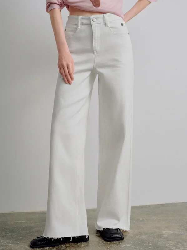 TOYOUTH Women Jeans 2026 Spring New Black Label Lycra Stretchy White Frayed Cuff Loose Wide Leg Pants