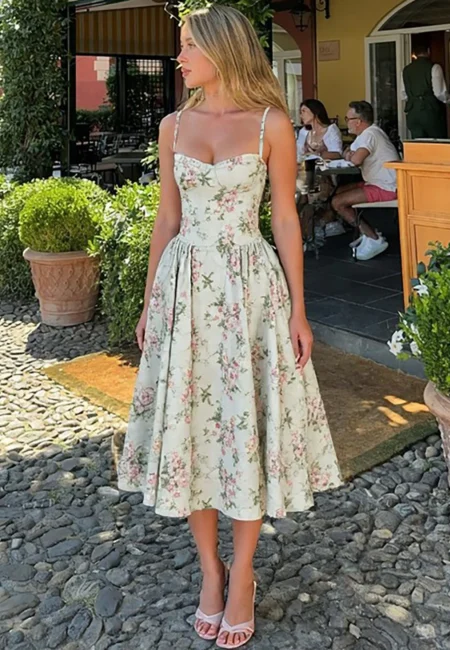 Vintage Floral Midi Dress Women's High Waist A Line Sundress Green Dresses Summer Female Wedding Guest New White Evening
