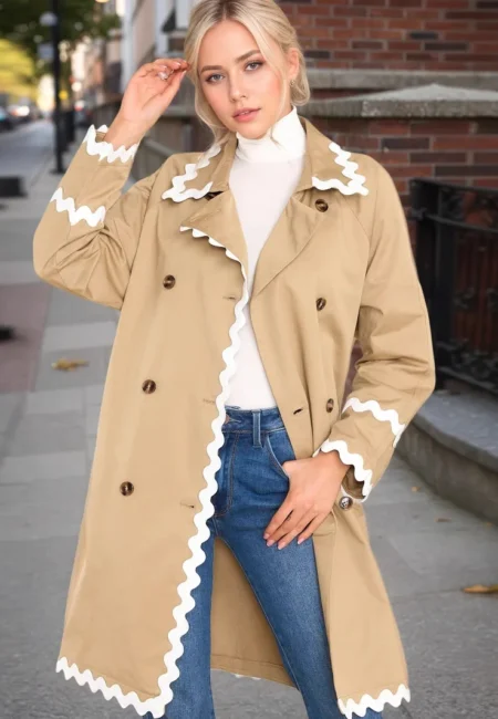 Casual Turn Down Collar Long Windbreaker Jacket Women Lace UP Long Sleeve Coat Ladies Winter Button Pocket Outwear Female