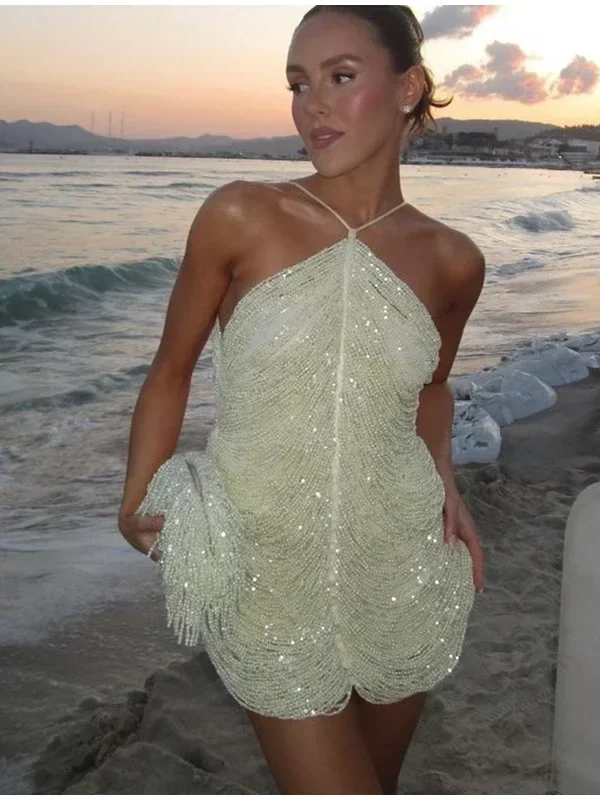 Shiny Beading Halter Mini Dress Women Elegant Sleeveless Backless Hip Package Party Dresses Lady Night Club Vestidos