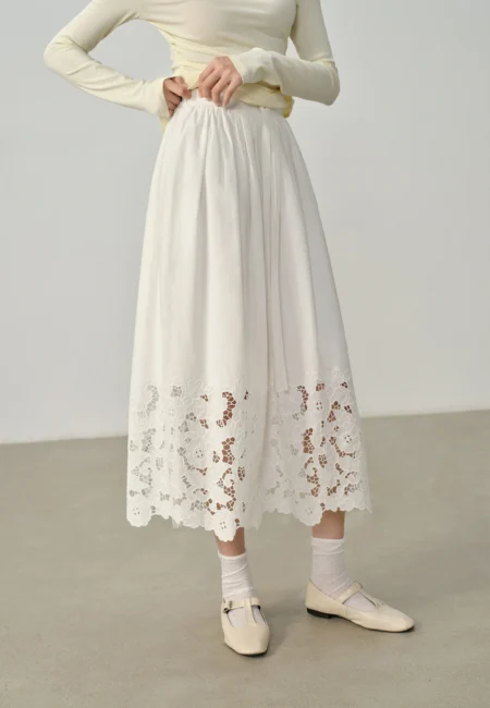 Embroidered Floral Midi Skirt High Waist A-Line Summer Vacation