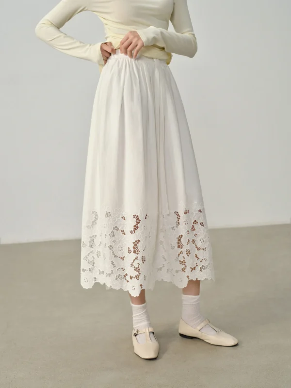 Embroidered Floral Midi Skirt High Waist A-Line Summer Vacation