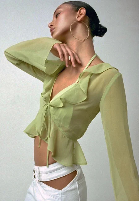 Charming Lace-Up Crop Top with Flirty Ruffled Sleeves
