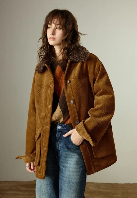 TOYOUTH Women Coats Winter New Shearling Collar Fleece lined Warm Oversized Nomad Style Workwear Cotton Coats