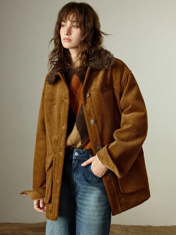 TOYOUTH Women Coats Winter New Shearling Collar Fleece lined Warm Oversized Nomad Style Workwear Cotton Coats