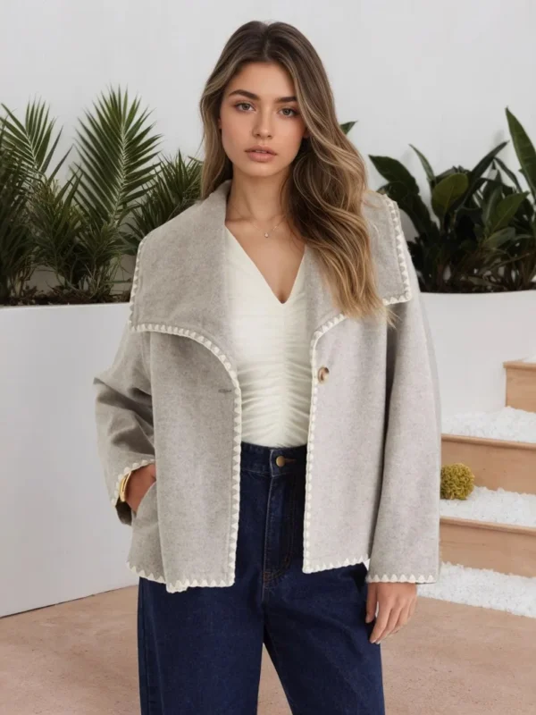 Autumn Winter Gray Plush Cropped Jacket Women Casual Warm Turn down Collar Short Coat Lady Solid Thick Button Cardigan Coat