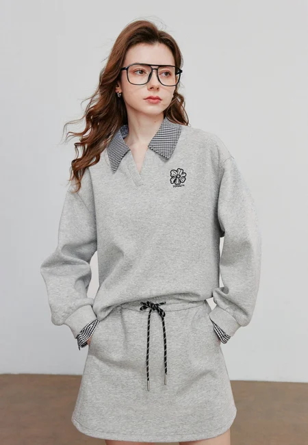 TOYOUTH Women Hoodies Sweatshirt Autumn New Fake Two Piece Spliced Turn Down Collar Cotton Embroidered Pullover Tops