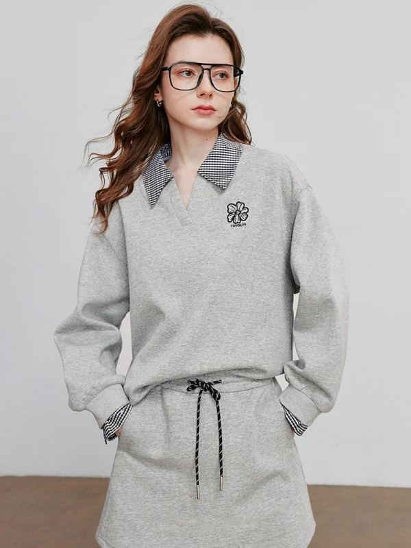 TOYOUTH Women Hoodies Sweatshirt Autumn New Fake Two Piece Spliced Turn Down Collar Cotton Embroidered Pullover Tops