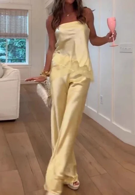 Birthday Banquet Women's Two Piece Lace Patchwork Off Shoulder Summer Fashion Outfit Satin Casual Strapless Top+Long Pants Suit