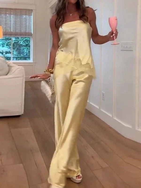 Birthday Banquet Women's Two Piece Lace Patchwork Off Shoulder Summer Fashion Outfit Satin Casual Strapless Top+Long Pants Suit