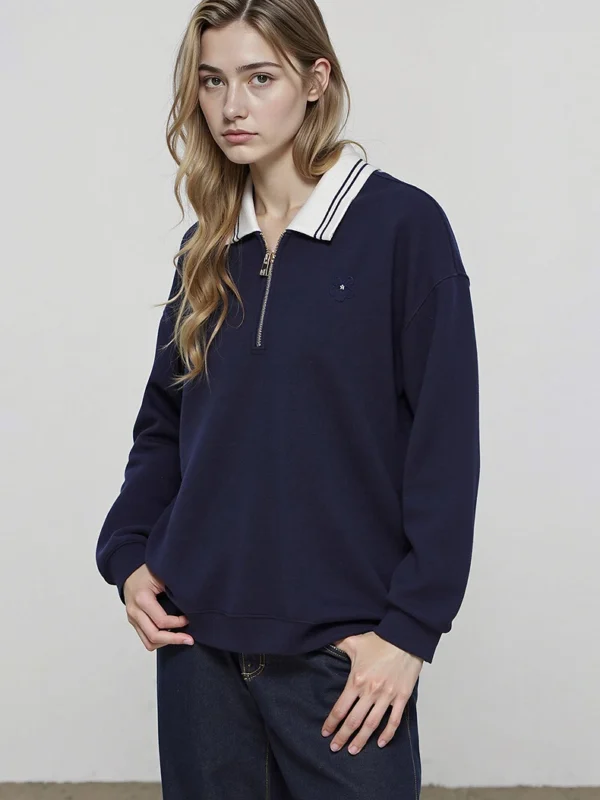 TOYOUTH Women Hoodies Winter New Fleece lined Color block POLO Collar Loose Tops