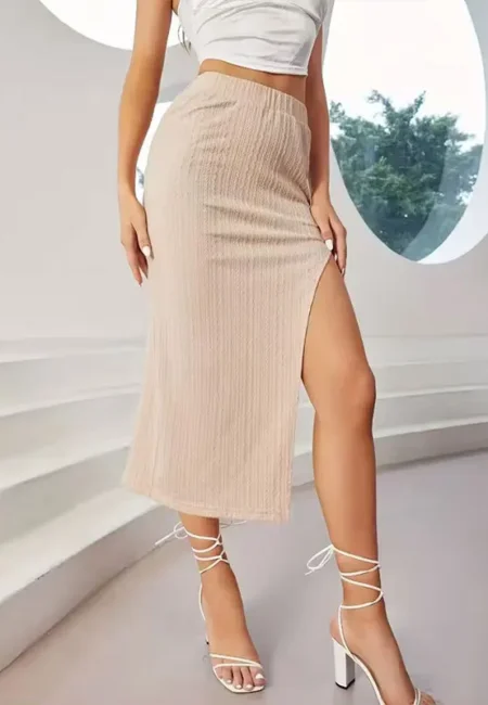 Fairyshely Khaki Knitted Split Long Skirt Women Summer Wrap High Waist Midi Skirt Lady Elegant Working Bodycon Skirt