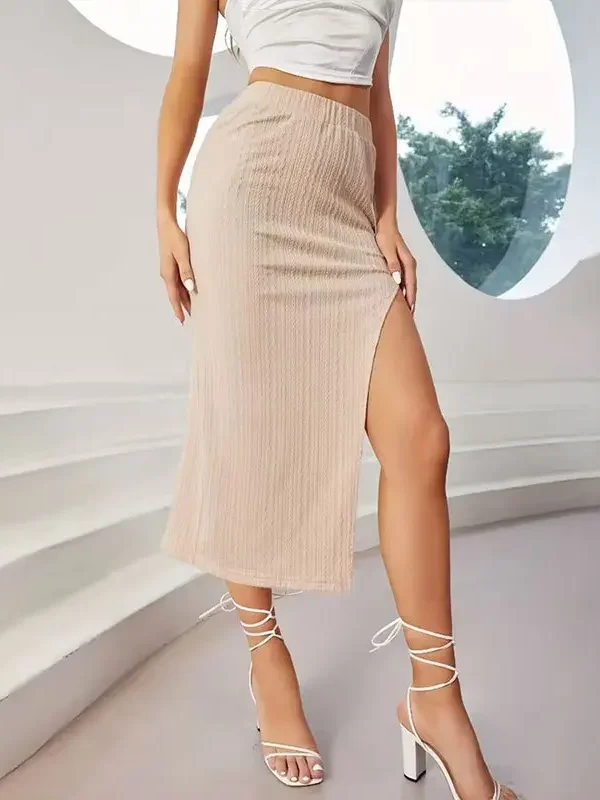 Fairyshely Khaki Knitted Split Long Skirt Women Summer Wrap High Waist Midi Skirt Lady Elegant Working Bodycon Skirt