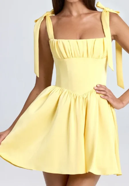 Summer New Women's Fashion Square Neck High Waist Folded Splicing Bow Strap Commuting Medium Length Dress