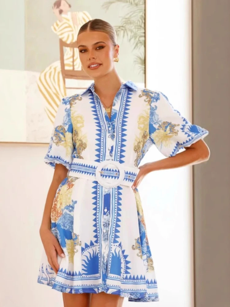 kf-S1c0611417b7f4929b9ab10c48796ac34S Summer Fashion New Women's Elegant Printed Casual Dress with Waist Collar and Half Sleeve Style Registration Skirt