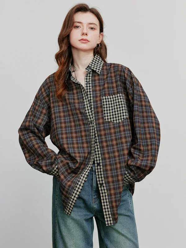 TOYOUTH Women Long Sleeve Blouse Shirt Autumn New Striped Splicing Irregular Grid Simple Shirt Tops