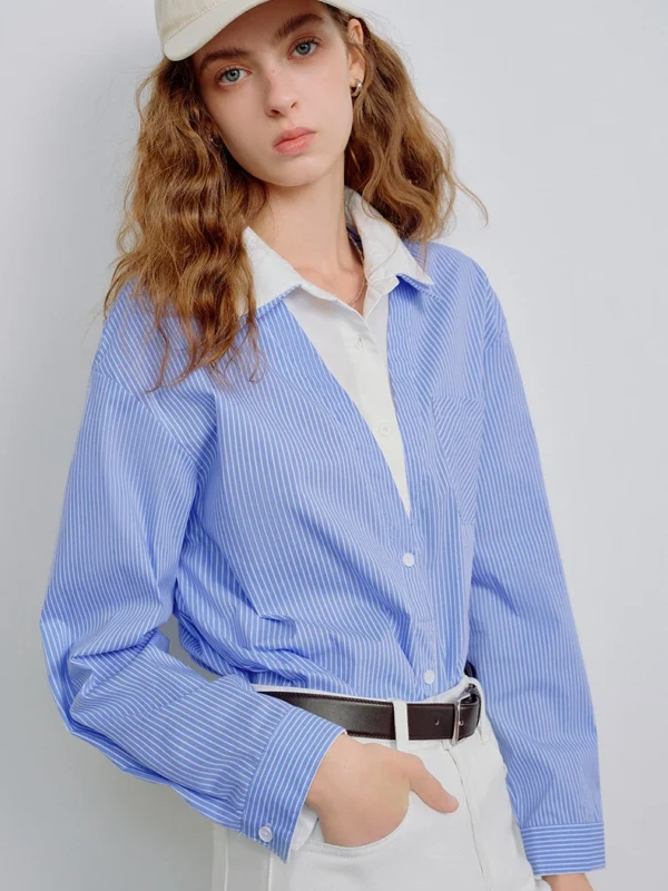 Moopsi 59 Toyouth Women Shirts 2026 Spring New Double Layer Collar Color Block Splicing Faux Two Piece Loose Fit Striped Tops