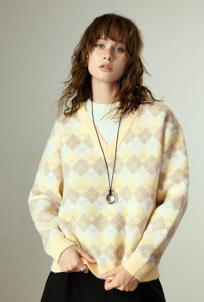 kf-S1ff83a8ffd0e4545a8e969162ed7db4fH TOYOUTH Women's Sweater Winter New Butter Color Cannelés Argyle Jacquard Double Collar Stylish Knit Top