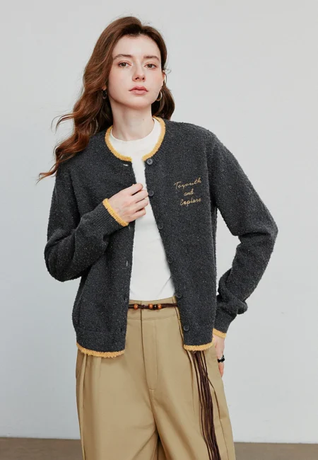 TOYOUTH Women Cardigan Knitwear Autumn New Contrasting Color Letter Embroidery Round Neck Single Breasted Button Sweater
