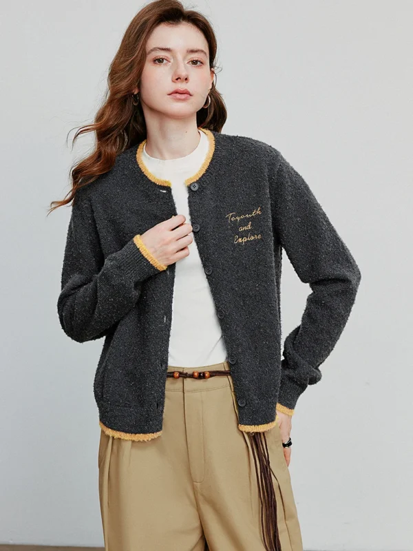 TOYOUTH Women Cardigan Knitwear Autumn New Contrasting Color Letter Embroidery Round Neck Single Breasted Button Sweater