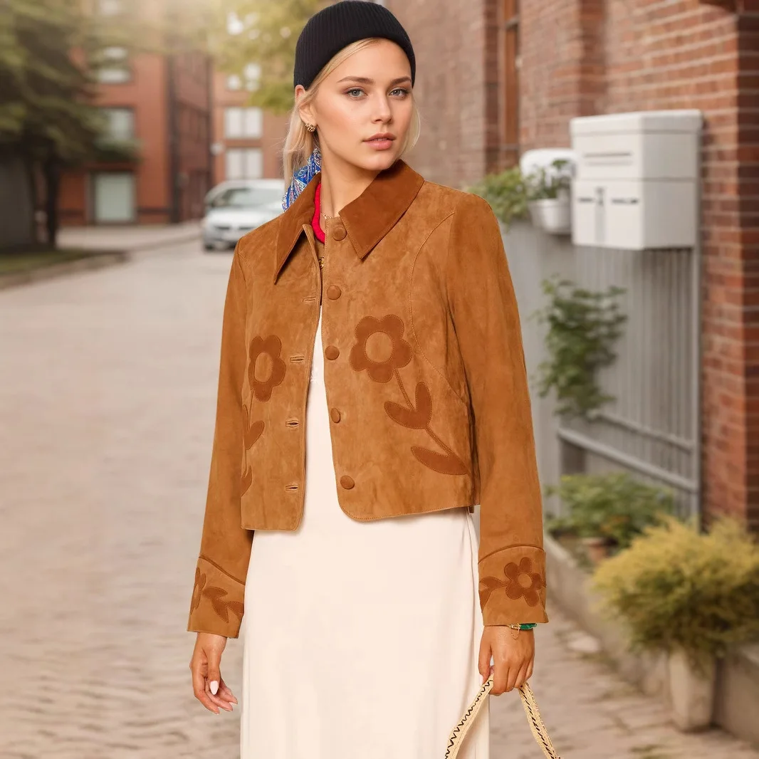 kf-S2045a216863b49d4b344bca0803a7c71t Casual Floral Chamois Cropped Jacket Women Winter Yellow Long Sleeve Short Coat Ladies Turn Down Collar Button Coat Female