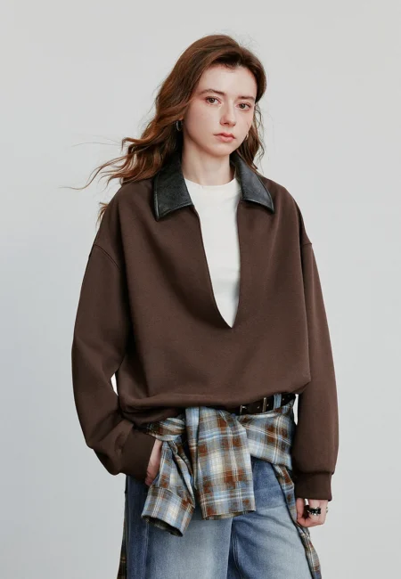 TOYOUTH Women Hoodies Sweatshirt Autumn New Lulicore Style Spliced Lapel Deep V Neck Cotton Pullover Tops